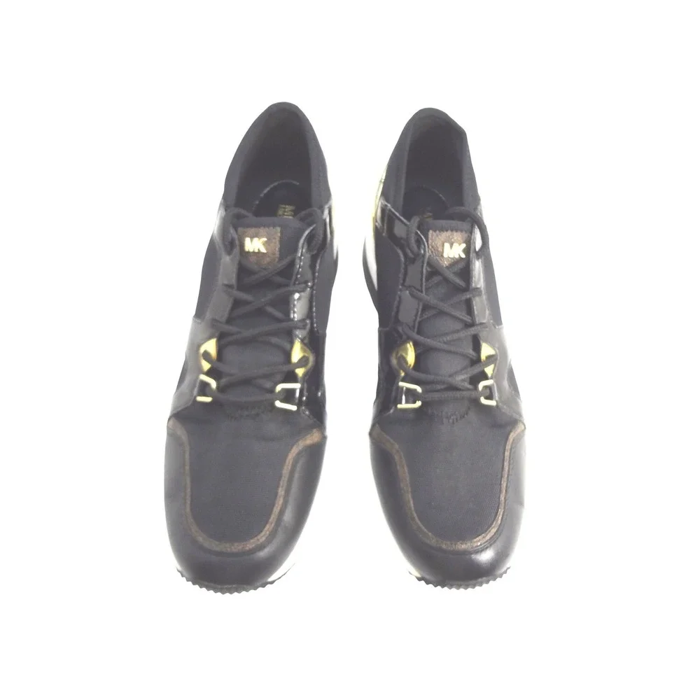 Michael Kors Women's 7M Liv Mixed Media Trainer Black Wedge Sneakers Gold Accent